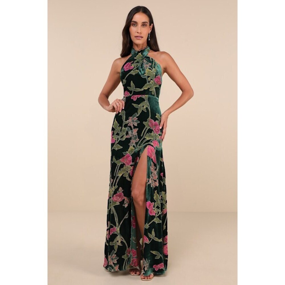 NWT!!! Lulus Flawlessly Gorgeous Green Burnout Floral Halter Maxi Dress - Size S